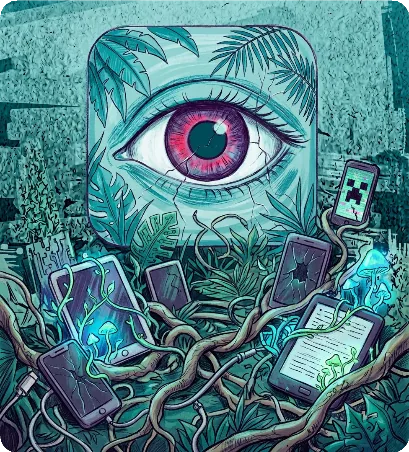 Illustration: an eye opening within jungle foliage