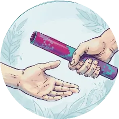 Watercolour illustration of a torch passed from one hand to another